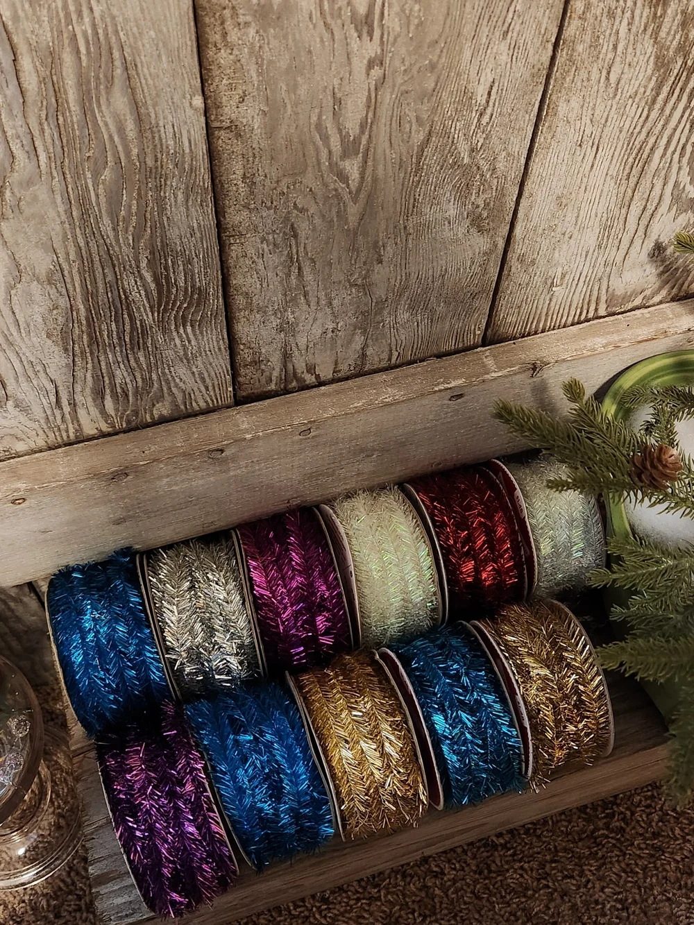 11-Assorted Holiday Tinsel Craft Ribbon - Red, Blue, Gold, Silver,Purple, White.